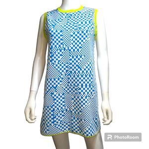 Zara Blue White Checker Print Neon Trim Knit Mod Sleeveless Mini Dress Size S